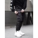 Men's streetwear cargo pants joggers hip-hop long trousers with multi-pockets Ribbon athleisure sweatpants sports outdoor fashion casual relaxed fit with elastic waist drawstring pants