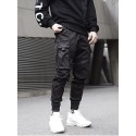 Men's streetwear cargo pants joggers hip-hop long trousers with multi-pockets Ribbon athleisure sweatpants sports outdoor fashion casual relaxed fit with elastic waist drawstring pants