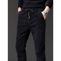 Men's Straight Trousers Winter Pants Drawstring Elastic Waist Solid Color Comfort Breathable Pants Casual Daily Corduroy Sports Fashion Loose Fit Black Dark Gray Micro-elastic / Elasticity