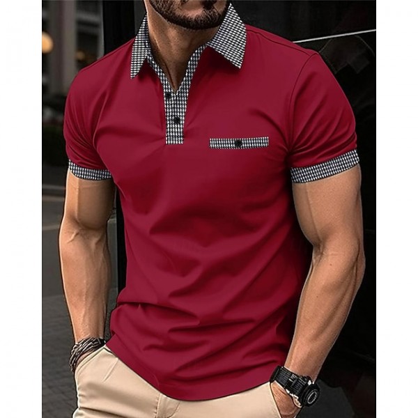 Men's Golf Shirt Golf Polo Work Casual Lapel Short Sleeve Basic Modern Color Block Houndstooth Patchwork Spring & Summer Regular Fit Black White Red Navy Blue Blue Beige Golf Shirt