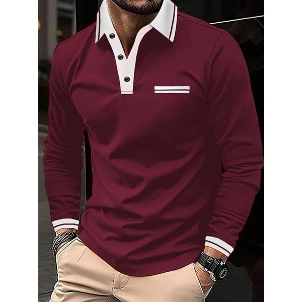 Men's Polo Shirt Button Up Polos Casual Sports Lapel Long Sleeve Fashion Basic Color Block Button Pocket Spring &  Fall Regular Fit Navy Wine Dark Gray Light Grey Polo Shirt