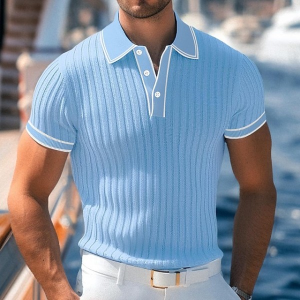 Men's Polo Shirt Golf Shirt Work Casual Lapel Ribbed Polo Collar Short Sleeve Basic Modern Color Block Patchwork Button Spring & Summer Regular Fit Light Blue White Burgundy Navy Blue Gray Polo Shirt