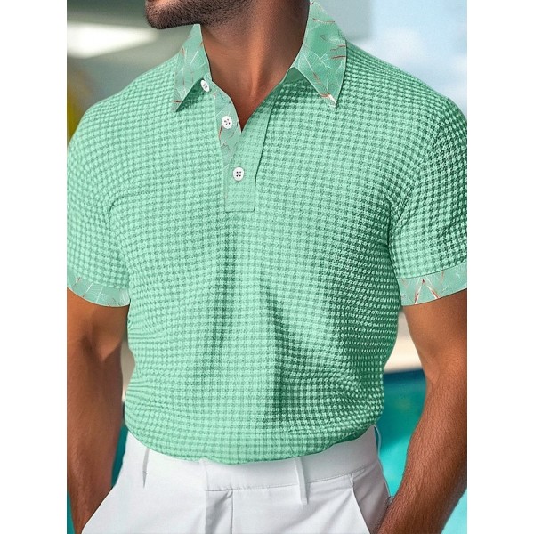 Men's Golf Shirt Waffle Knit Polo Shirt Business Casual Classic Short Sleeve Fashion Modern Solid Color Hawaii Buttons Summer Spring Regular Fit Black White Green Khaki Golf Shirt
