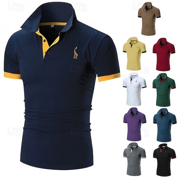 Men's Polo Golf Shirt Casual Sports Classic Short Sleeve Basic Color Block Deer Button Front Summer Spring Regular Fit Dark Brown Dark Gray Black White Yellow Burgundy Polo