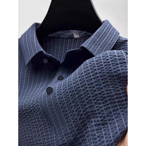 Men's Business Polo Golf Polos Shirts Work Business Lapel Ribbed Polo Collar Short Sleeve Basic Modern Stripes Textured Buttons Knitted Spring & Summer Regular Fit Black White Navy Blue Gray Business