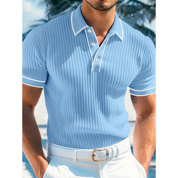 Men's Polo Shirts Golf Shirt Holiday Lapel Ribbed Polo Collar Short Sleeve Basic Modern Color Block Patchwork Buttons Spring & Summer Regular Fit Light Blue White Burgundy Navy Blue Gray Polo Shirts