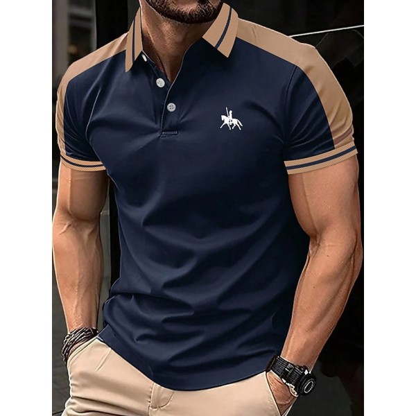 Men's Button Up Polos Cotton Polo Shirt Casual Holiday Lapel Short Sleeve Fashion Basic Color Block Patchwork Embroidered Summer Regular Fit Black Wine Navy Blue Green Grey Button Up Polos