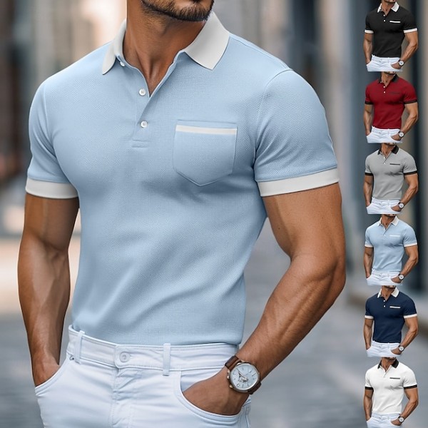 Men's Golf Shirt Pique Polo Shirt Work Casual Lapel Ribbed Polo Collar Short Sleeve Basic Modern Color Block Pocket Summer Regular Fit White Burgundy Navy Blue Light Blue Gray Golf Shirt