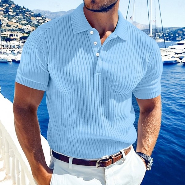 Men's Rib Knit Top Golf Polos Shirts Work Casual Lapel Ribbed Polo Collar Short Sleeve Basic Modern Color Block Buttons Knitted Summer Spring & Summer Regular Fit White Burgundy Navy Blue Light Blue