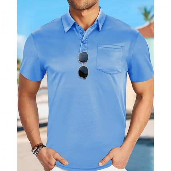 Men's Golf Shirt Golf Polos Shirts Work Casual Lapel Short Sleeve Basic Modern Plain Buttons Pocket Summer Regular Fit Wine Black White Navy Blue Khaki Light Blue Golf Shirt