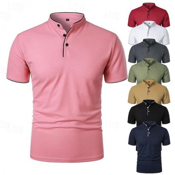 Men's Golf Shirt Golf Polo Work Casual Stand Collar Short Sleeve Basic Modern Color Block Patchwork Button Spring & Summer Regular Fit Wine Black White Pink Navy Blue Green Golf Shirt