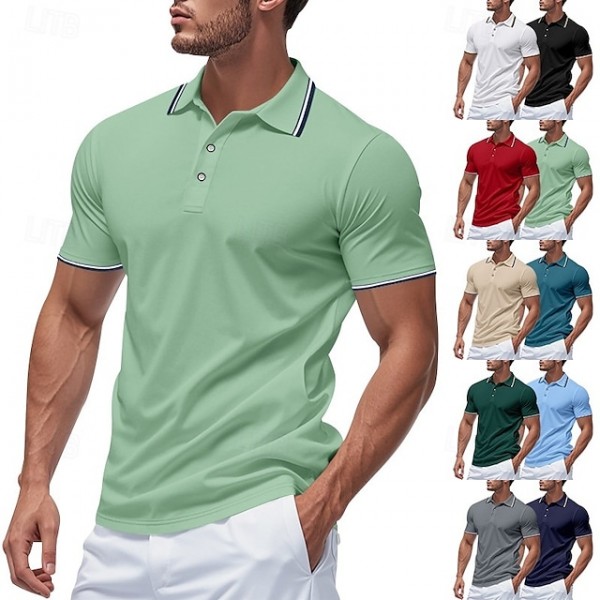 Men's Golf Shirt Pique Polo Shirt Business Casual Ribbed Polo Collar Short Sleeve Fashion Basic Solid Color Buttons Summer Spring &  Fall Regular Fit Dark Grey Lake blue Black White Light Green Red