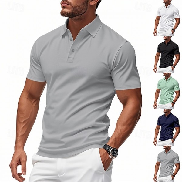 Men's Golf Shirt Pique Polo Shirt Business Casual Ribbed Polo Collar Short Sleeve Fashion Basic Solid Color Buttons Summer Spring &  Fall Regular Fit Black White Light Green Navy Blue Light Grey Golf