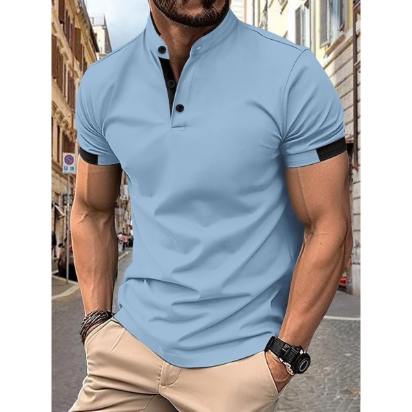 Men's Polo Shirts Collarless Golf Shirts Casual Stand Collar Short Sleeve Basic Comfortable Plain Buttons Summer Spring Regular Fit Light Blue Black White Navy Blue Gray Polo Shirts