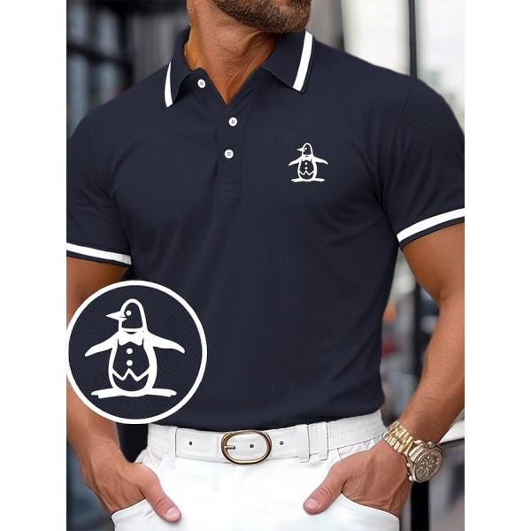 Men's Cotton Penguin Polo Shirt Golf Shirt Work Casual Lapel Ribbed Polo Collar Short Sleeve Basic Modern Color Block Penguin Patchwork Buttons Summer Spring & Summer  Yellow Burgundy Navy Polo
