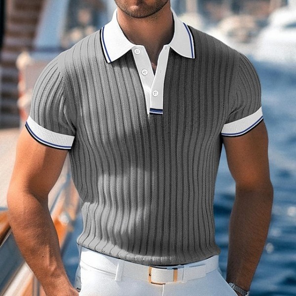 Men's Golf Shirt Knit Polo Work Casual Lapel Ribbed Polo Collar Short Sleeve Basic Modern Color Block Patchwork Buttons Spring & Summer Regular Fit White Blue Green Gray Golf Shirt