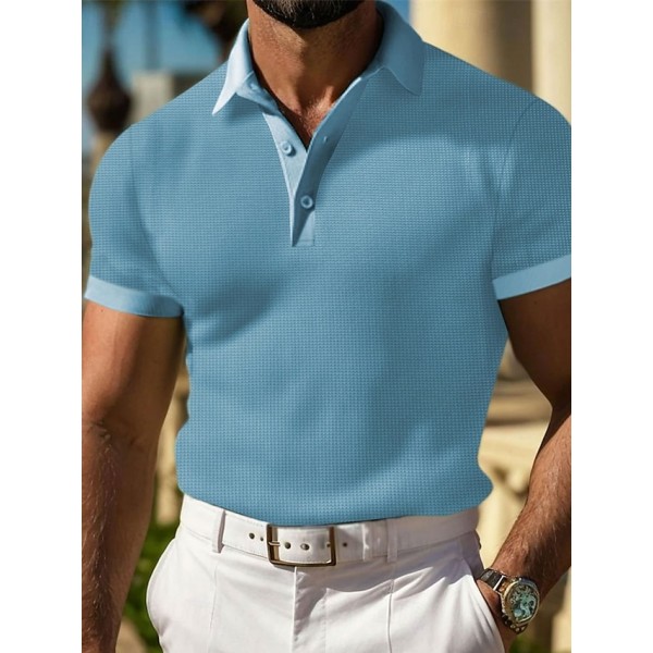 Men's Waffle Polo Shirts Golf Shirt Work Casual Lapel Short Sleeve Basic Modern Plain Buttons Summer Spring Regular Fit Black White Yellow Red Light Grey Light Blue Waffle Polo Shirts