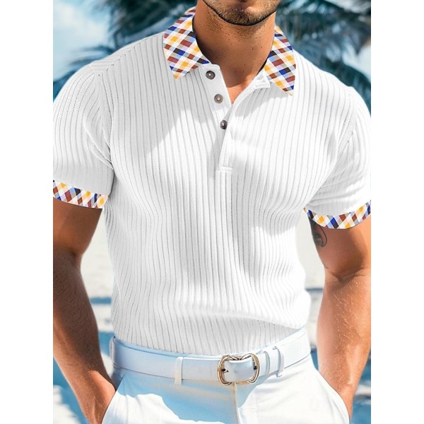 Men's Rib Knit Top Golf Polos Shirts Work Casual Lapel Ribbed Polo Collar Short Sleeve Basic Modern Color Block Buttons Knitted Summer Spring & Summer Slim Fit White Yellow Navy Blue Light Blue Rib