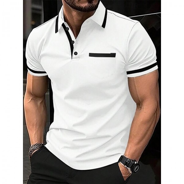 Men's Polo Shirt Button Up Polos Casual Sports Lapel Short Sleeve Fashion Basic Color Block Patchwork Pocket Summer Regular Fit Navy White Wine Blue Gray Polo Shirt