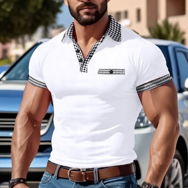 Men's Golf Shirt Golf Polos Shirts Work Casual Lapel Short Sleeve Basic Modern Color Block Patchwork Buttons Summer Spring Regular Fit Black White Red Navy Blue Blue Beige Golf Shirt