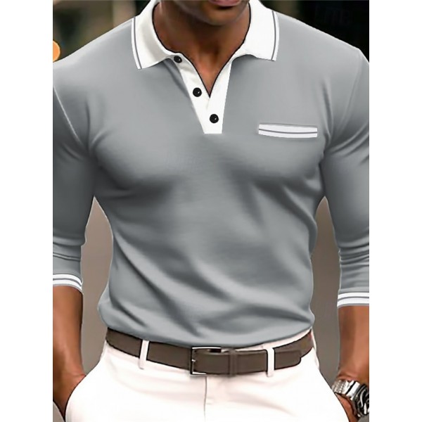 Men's Polo Shirt Button Up Polos Casual Holiday Lapel Long Sleeve Fashion Basic Color Block Patchwork Summer Regular Fit Navy-blue Dark Grey White Burgundy Grey Polo Shirt
