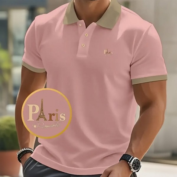 Men's Text Eiffel Tower Polo Short Sleeve Polo Shirts Collared Shirts Business Casual School Athleisure Daily Wear 3D Print Summer Black Pink Navy Blue
