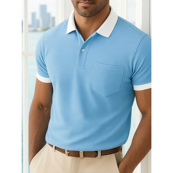 Men's Golf Shirt Pique Polo Shirt Work Casual Lapel Ribbed Polo Collar Short Sleeve Basic Modern Color Block Patchwork Buttons Spring & Summer Regular Fit Black Burgundy Navy Blue Light Blue Golf