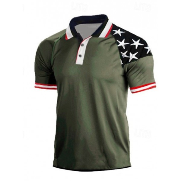 Men's Golf Shirt Golf Polos Shirts Work Casual Lapel Short Sleeve Basic Modern National Flag Patchwork Buttons Spring & Summer Regular Fit Black White Red Blue Khaki Army Green Golf Shirt