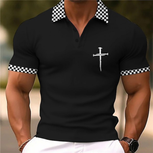Men's Christian Polo Shirts Golf Shirt Short Sleeve Polo Shirts Collared Shirts Business Casual WorkWear Formal Wear Festival Wear Buttons 3D Print Spring &  Fall Black White