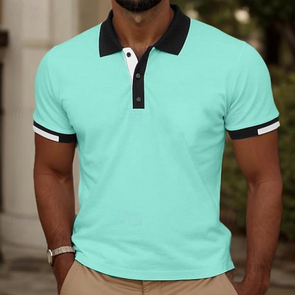 Men's Polo Golf Shirt Business Casual Ribbed Polo Collar Short Sleeve Fashion Solid Color Button Pocket Summer Spring Regular Fit Black White Red Sky Blue Mint Green Polo