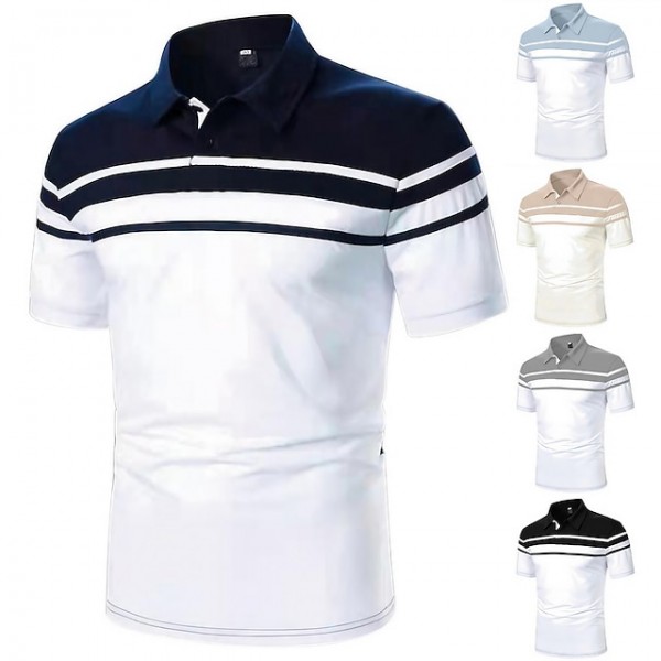Men's Polo Shirt Golf Shirt Outdoor Business Classic Short Sleeves Fashion Designer Color Block Striped Classic Style Summer Spring Regular Fit Black Navy Blue Blue Brown Green Gray Polo Shirt