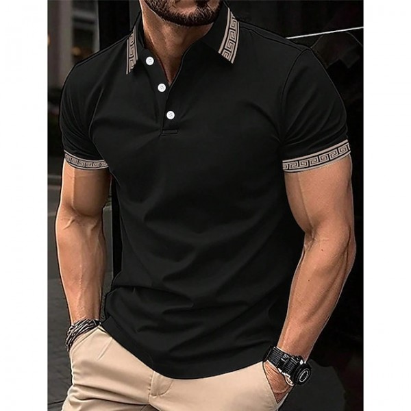 Men's Polo Shirt Button Up Polos Casual Sports Lapel Short Sleeve Fashion Basic Color Block Patchwork Summer Regular Fit Black Army Green Burgundy Navy Blue Beige Polo Shirt