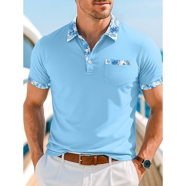 Men's Cotton Blend Polo Shirt Golf Shirt Casual Holiday Lapel Short Sleeve Fashion Basic Paisley Patchwork Pocket Summer Regular Fit White Orange Khaki Dark Gray Light Blue Cotton Blend Polo Shirt