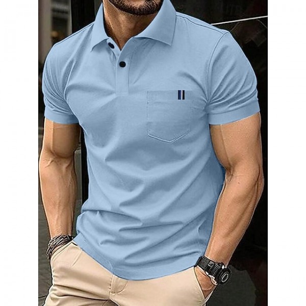 Men's Cotton Blend Polo Shirt Golf Shirt Casual Holiday Ribbed Polo Collar Short Sleeve Fashion Basic Solid Color Patchwork Pocket Summer Regular Fit Light Blue Black White Yellow Royal Blue Cotton