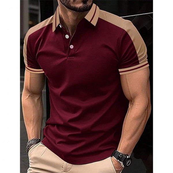 Men's Button Up Polos Golf Shirt Casual Holiday Lapel Short Sleeve Fashion Basic Color Block Patchwork Embroidered Summer Regular Fit Wine Black Navy Blue Green Light Blue Grey Button Up Polos