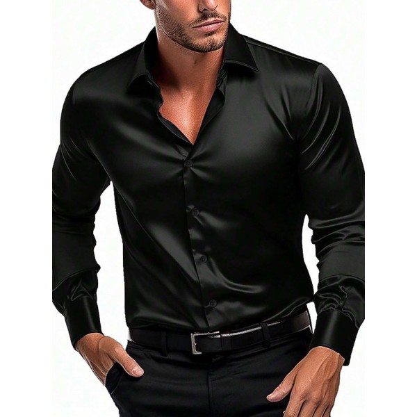 Men's Shirt Satin Shirt Casual Shirt Button Up Shirt Plain Wedding Vacation Black White Wine Navy Blue Long Sleeve Lapel Spring &  Fall Clothing Apparel