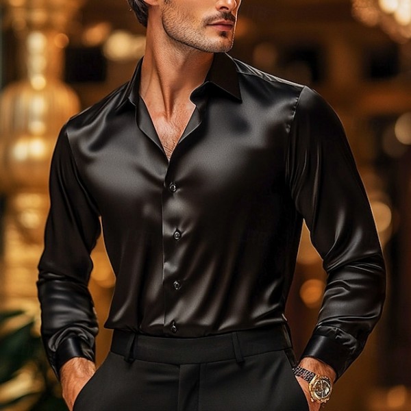 Men's Shirt Satin Shirt Casual Shirt Button Up Shirt Plain Wedding Vacation Black White Wine Navy Blue Long Sleeve Lapel Spring &  Fall Clothing Apparel