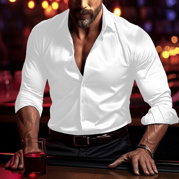 Men's Shirt Satin Shirt Casual Shirt Button Up Shirt Plain Wedding Vacation Black White Wine Blue Long Sleeve Lapel Spring &  Fall Clothing Apparel