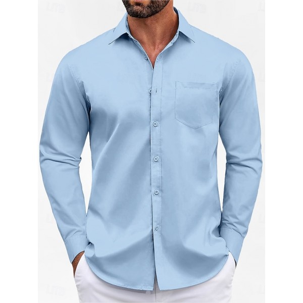 Men's Classic Casual Shirt Standard Fit Long Sleeve Lapel Solid Color Polyester Black Sky Blue Grey 2025