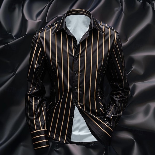 Men's Shirt Satin Shirt Casual Shirt Striped Shirt Button Up Shirt Striped Wedding Vacation Black Navy Blue Green Long Sleeve Collar Spring &  Fall Clothing Apparel