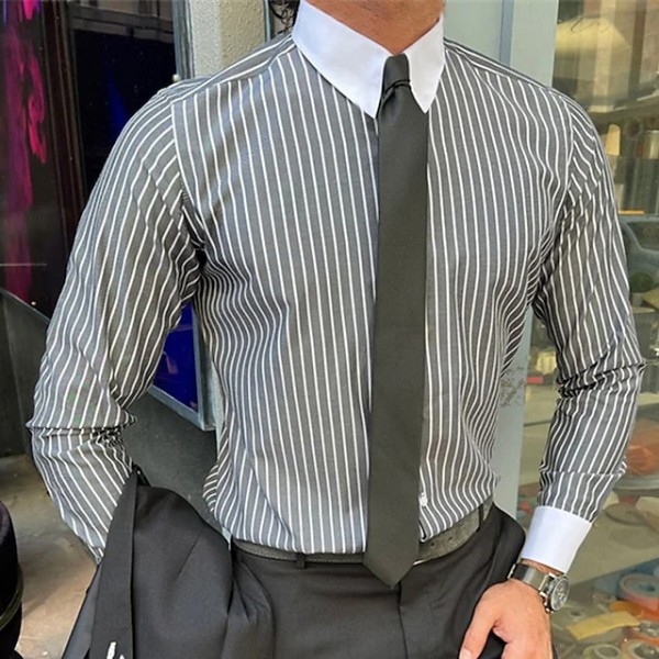 Men's Dress Shirt French Cuff Shirt Collared Shirt Striped Wedding Work Black Gray Long Sleeve Turndown Spring, Fall, Winter, Summer Clothing Apparel Button-Down