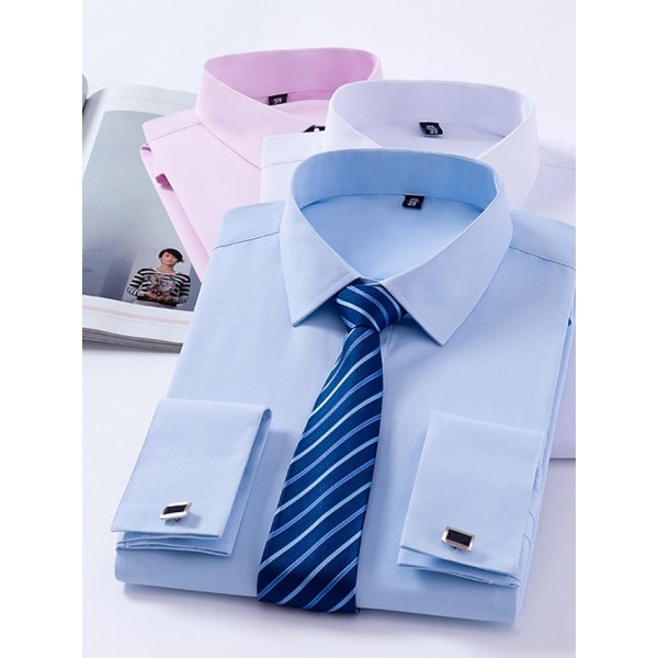 Men's Dress Shirt French Cuff Shirt Collared Shirt Button Up Shirt Plain Wedding Party White Pink Blue Long Sleeve Turndown Spring, Fall, Winter, Summer Clothing Apparel Collared Shirts