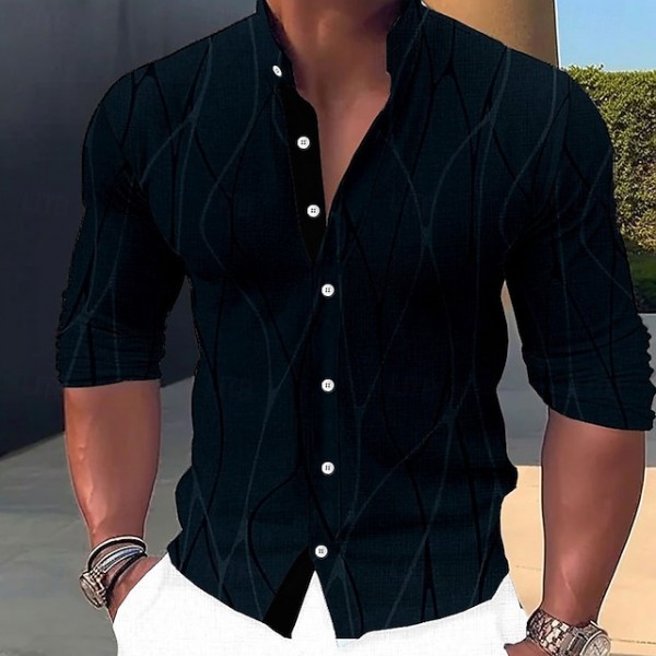 Men's Shirt Dress Shirt Geometric Pattern Outdoor Casual Black White Dark Green Brown Long Sleeve Stand Collar Summer Spring Clothing Apparel Print
