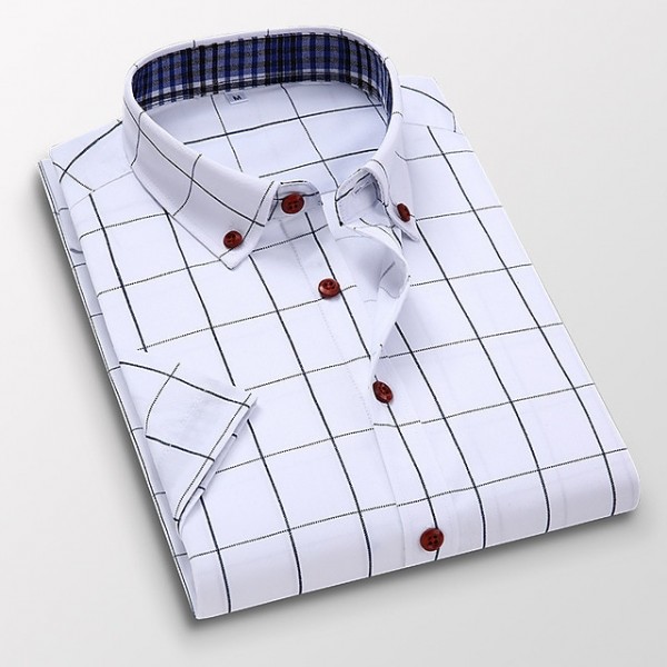 Men's Dress Shirt Plaid Shirt Button Down Shirt Collared Shirt White Wine Navy Blue Royal Blue Short Sleeve Plaid / Check All Seasons Wedding Work Clothing Apparel