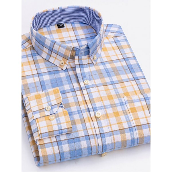 Men's Dress Shirt Button Down Shirt Non Iron Shirt Oxford Shirt Stripes and Plaid Wedding Vacation Light Yellow Denim Blue White Yellow Long Sleeve Turndown All Seasons Clothing Apparel Button-Down