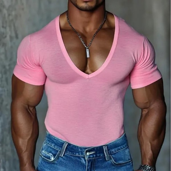 Men's T Shirt Tee Top Short Sleeves V Neck Summer Solid Color Fashion Designer Basic V Neck Vacation Street Going out Black Pink Light Green Top Tee for Men