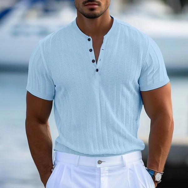 Men's Henley Shirt Short Sleeve Shirt Ribbed Knit tee Tee Top Solid Color Henley Outdoor Street Short Sleeve Button Clothing Apparel Daily Hawaiian