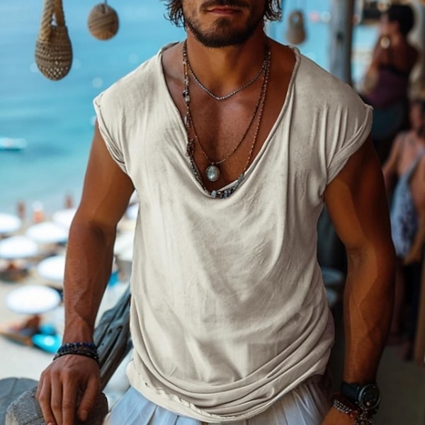 Men's T Shirt Tee Top Short Sleeves Scoop Neck Summer Solid Color Fashion Designer Basic Loose Fit Vacation Street Going out Beige Top Tee for Men