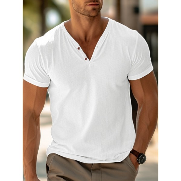 Men's Henley Shirt Tee Top Plain V Neck Street Vacation Short Sleeves Clothing Apparel Fashion Designer Basic