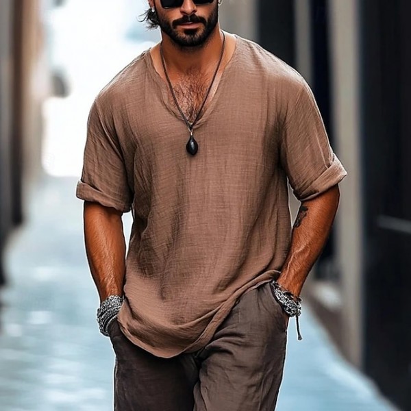 Men's Tee Top Linen T-Shirt Short Sleeve Short Sleeves V Neck Summer Plain Fashion Designer Basic Loose Fit Soft Vacation Street Casual Brown Top Tee for Men